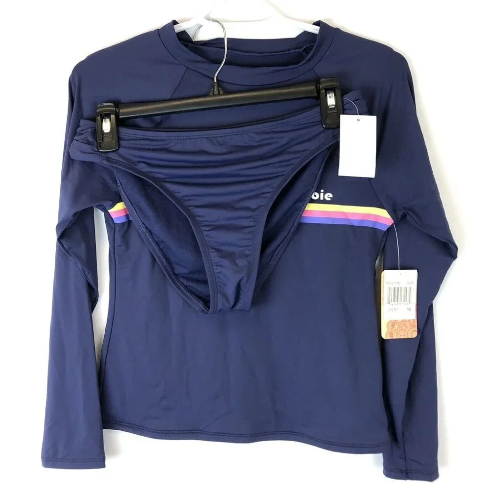 Hobie Girl’s Blue Long Sleeve Rashguard and Bikini Bottom Swimsuit Set Size 16